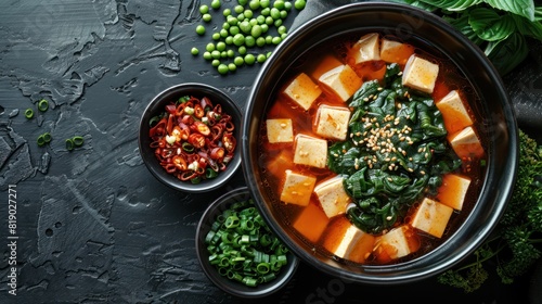 Spicy Miso Soup with Tofu and Seaweed - A vibrant miso soup with tofu, seaweed, and sesame seeds, accompanied by bowls of sliced chilies and green onions on a dark textured background.