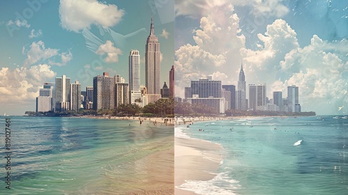 Contrast in landscapes of New York City skyline juxtaposed with the serene beaches of Hawaii in a mesmerizing double exposure.