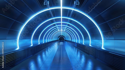 sleek blue LED light tunnel, featuring clean lines and bright, reflective surfaces