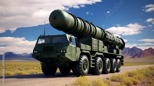Military launcher with a missile ready for transportation and launch. Concept: military technologies and conflicts of countries photo