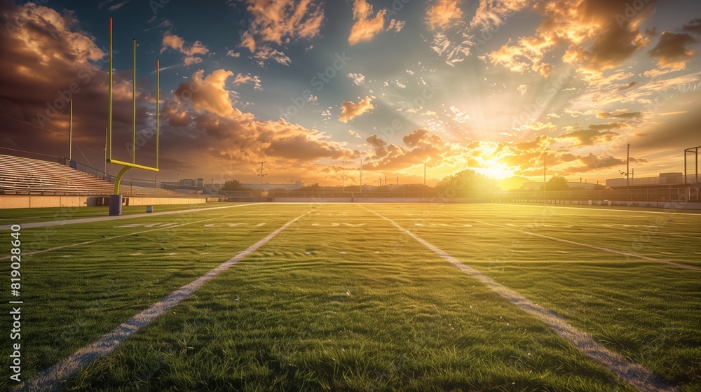 Serene football field at sunset: immaculate grass and glowing goalposts in golden light.