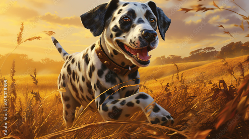 A playful Dalmatian frolicking through a golden field, its spots contrasting beautifully with the surrounding landscape.