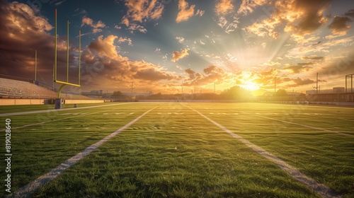 Serene football field at sunset: immaculate grass and glowing goalposts in golden light. © klss777