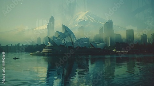 Creative double exposure of Sydney Opera House with Mount Fuji, symbolizing cross-continental beauty photo