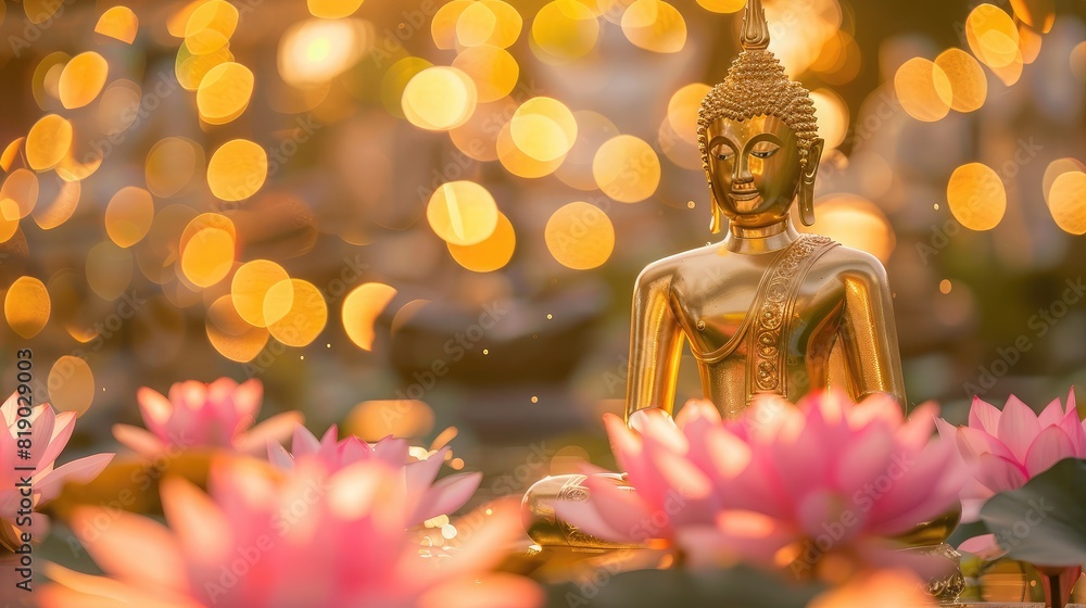 The majestic golden Buddha statue against a blurred bokeh background, framed by blooming lotuses below, celebrating Magha Bucha Day
