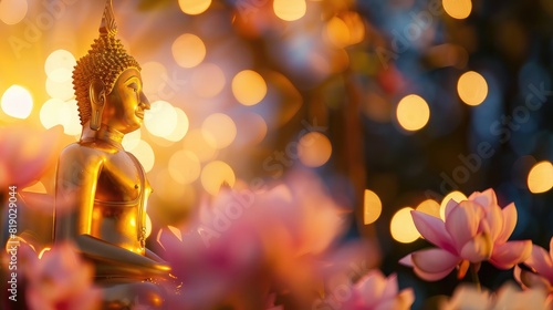 The majestic golden Buddha statue against a blurred bokeh background, framed by blooming lotuses below, celebrating Magha Bucha Day