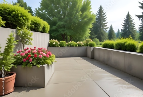 A concrete patio with flower boxes , overlooking a lush green garden with trees and shrubs in the background