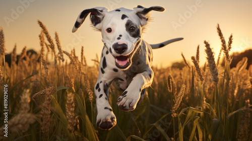 A playful Dalmatian happily leaping in a field of tall grass, its ears flying in the wind as it enjoys the freedom of open space.