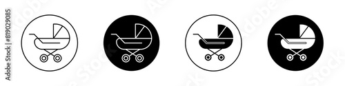 Baby carriage icon set. child buggy vector symbol. kid trolley sign. mother stroller icon. newborn baby pushchair symbol in black filled and outlined style. photo