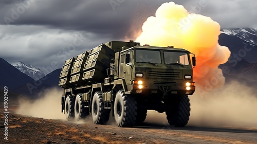 A military truck against the background of an explosion, moving along a dusty road.
Concept: Military operations, equipment, combat operations, the power and strength of the army, transportation of eq photo