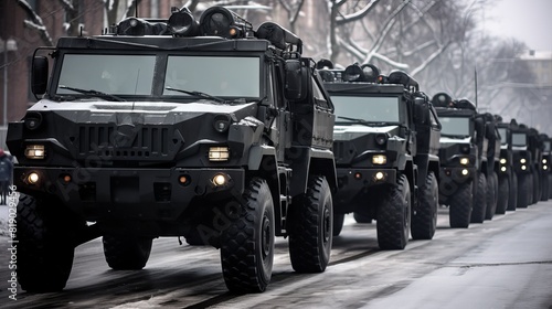 A military truck against the background of an explosion, moving along a dusty road.
Concept: Military operations, equipment, combat operations, the power and strength of the army, transportation of eq photo