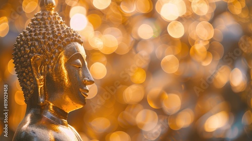 The serene golden Buddha statue with a softly blurred bokeh background, commemorating Visakha Bucha Day © buraratn