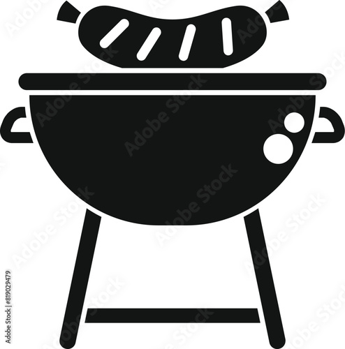 Black and white vector icon of a barbecue grill with a sausage on top, simplified symbol