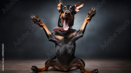 A playful Doberman dog doing a silly dance move, its paws in the air, wearing a big grin.
