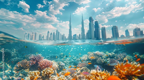 Creative double exposure of the Burj Khalifa and the Great Barrier Reef, contrasting man-made and natural marvels. photo