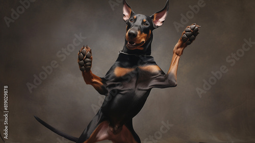 A playful Doberman dog doing a silly dance move, its paws in the air, wearing a big grin. © NOH
