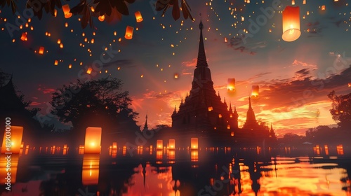 The shadow of a temple spire on a serene evening sky, with floating lanterns and candles on Magha Bucha Day
