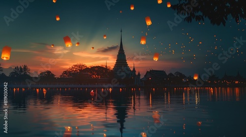 The shadow of a temple spire on a serene evening sky, with floating lanterns and candles on Magha Bucha Day photo