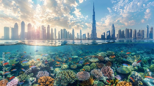 Creative double exposure of the Burj Khalifa and the Great Barrier Reef, contrasting man-made and natural marvels.