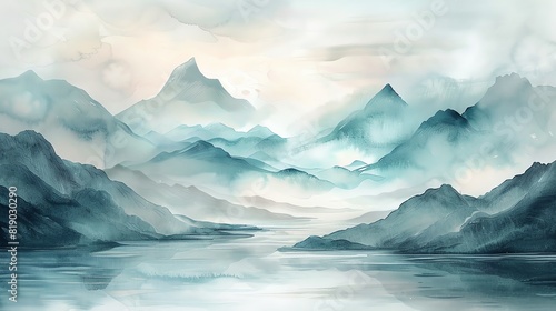 Peaceful zen landscape with mountains and a river, in calming watercolor