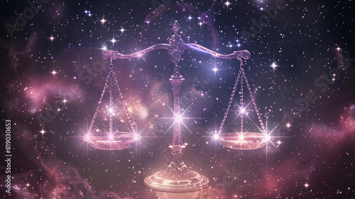 Zodiac sign Libra shown balancing sparkling scales with stars pastel peach and pink, against a dark starry background, astrological design astrology horoscope symbol of September October month.