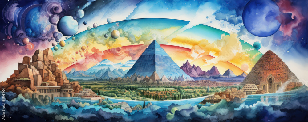 Obraz premium The image is an illustration of a rainbow over a mountain landscape