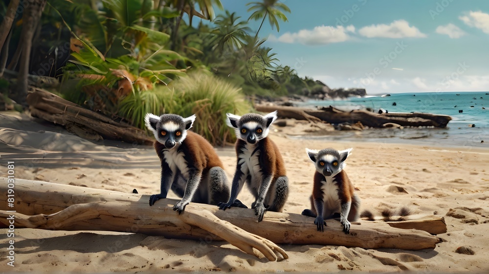 Fototapeta premium lemurs enjoying sunny beach day with palm trees