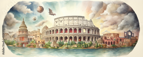 The image shows a beautiful painting of the ancient city of Rome. The Colosseum is the most prominent building in the center, with the Pantheon and other temples on either side. photo