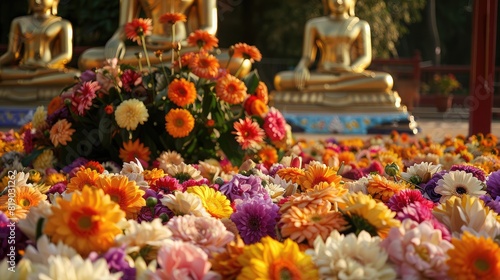 variety of flowers laid out in front of a golden Buddha statue, celebrating Asalha Bucha Day © buraratn
