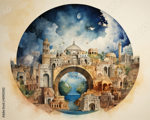 The painting is a beautiful depiction of a city with a bridge over a river
