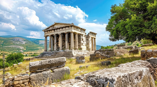 Time-worn Greek temple remnants with weathered ancient edifices in the backdrop photo
