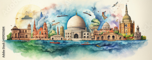 This is an illustration of some of the most iconic landmarks in India. The Taj Mahal is in the center  with the Red Fort to the left and the Qutub Minar to the right.