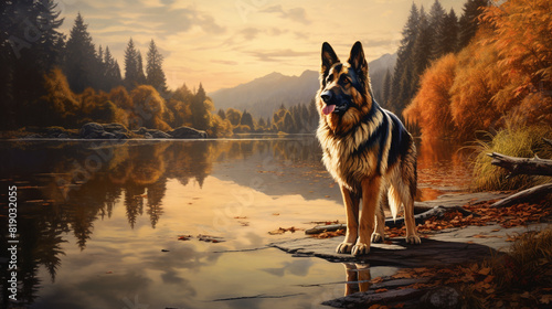 A proud German Shepherd standing beside a tranquil lake, its reflection shimmering in the calm water.