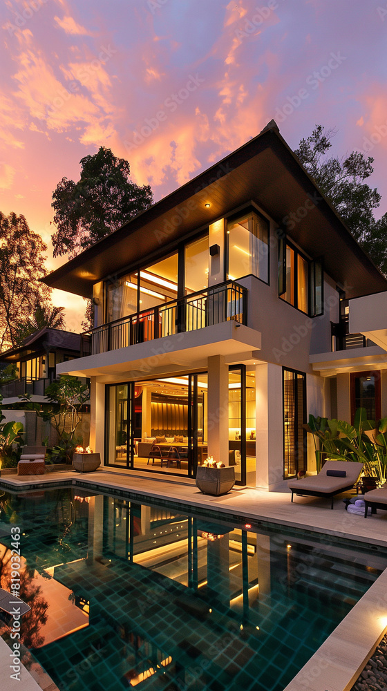 Obraz premium beautiful view of sunset in luxury resort