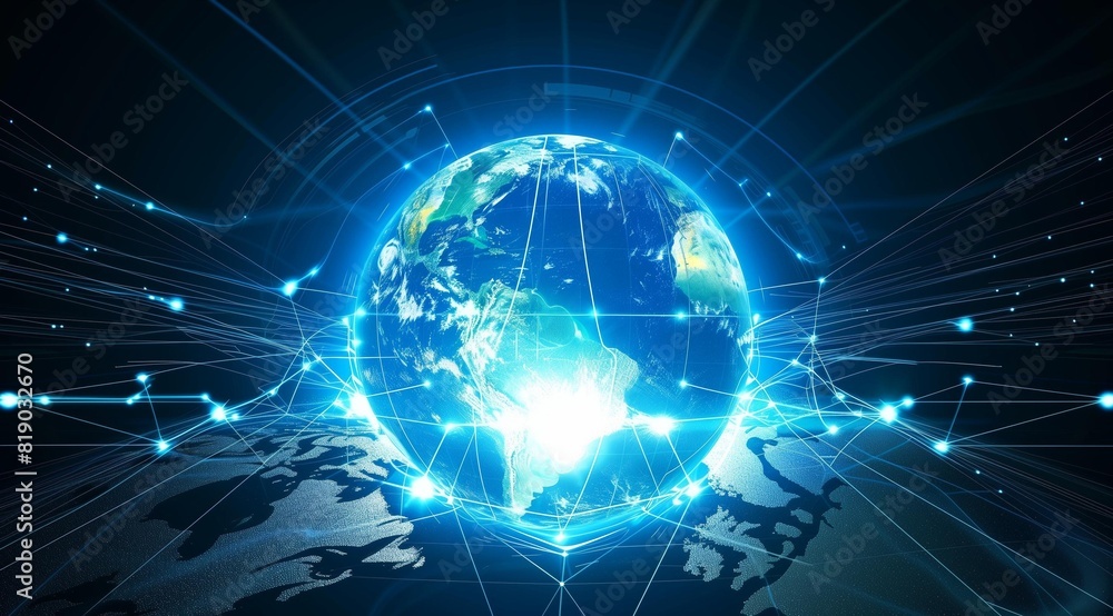 Global Connectivity and Technology Concept with Earth Globe on Dark Blue Background Global Connectivity and Technology Concept with Earth Globe on Dark Blue Background