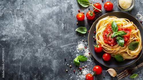 Italian linguini pasta with tomato sauce and fresh basil on a grey background with space for text, vegetarian food, top view