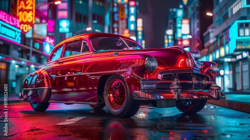 Glossy Cherry Red Classic Car in a Neon Lit Urban Night, Retro Chic