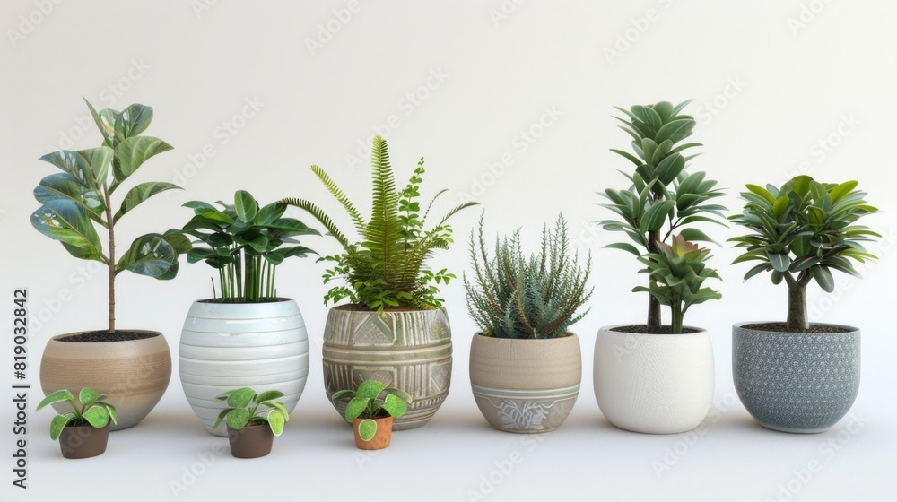 Fototapeta premium Collection of beautiful plants in ceramic pots. 3D render