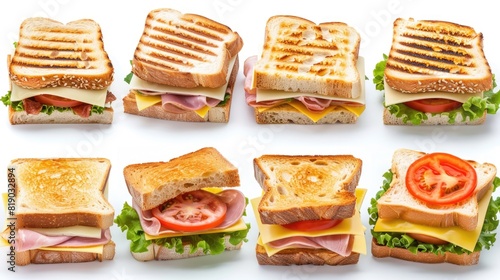 Collection of bread sandwiches with ham, cheese, tomatoes, lettuce, and toasted bread