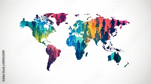 Color map of the world with silhouettes of people of different nationalities and cultures. symbol of diversity and unity of humanity