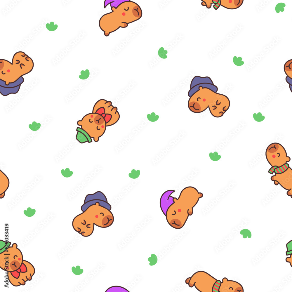 Fototapeta premium Kawaii happy capybara. Seamless pattern. Cute cartoon funny animals character. Hand drawn style. Vector drawing. Design ornaments.