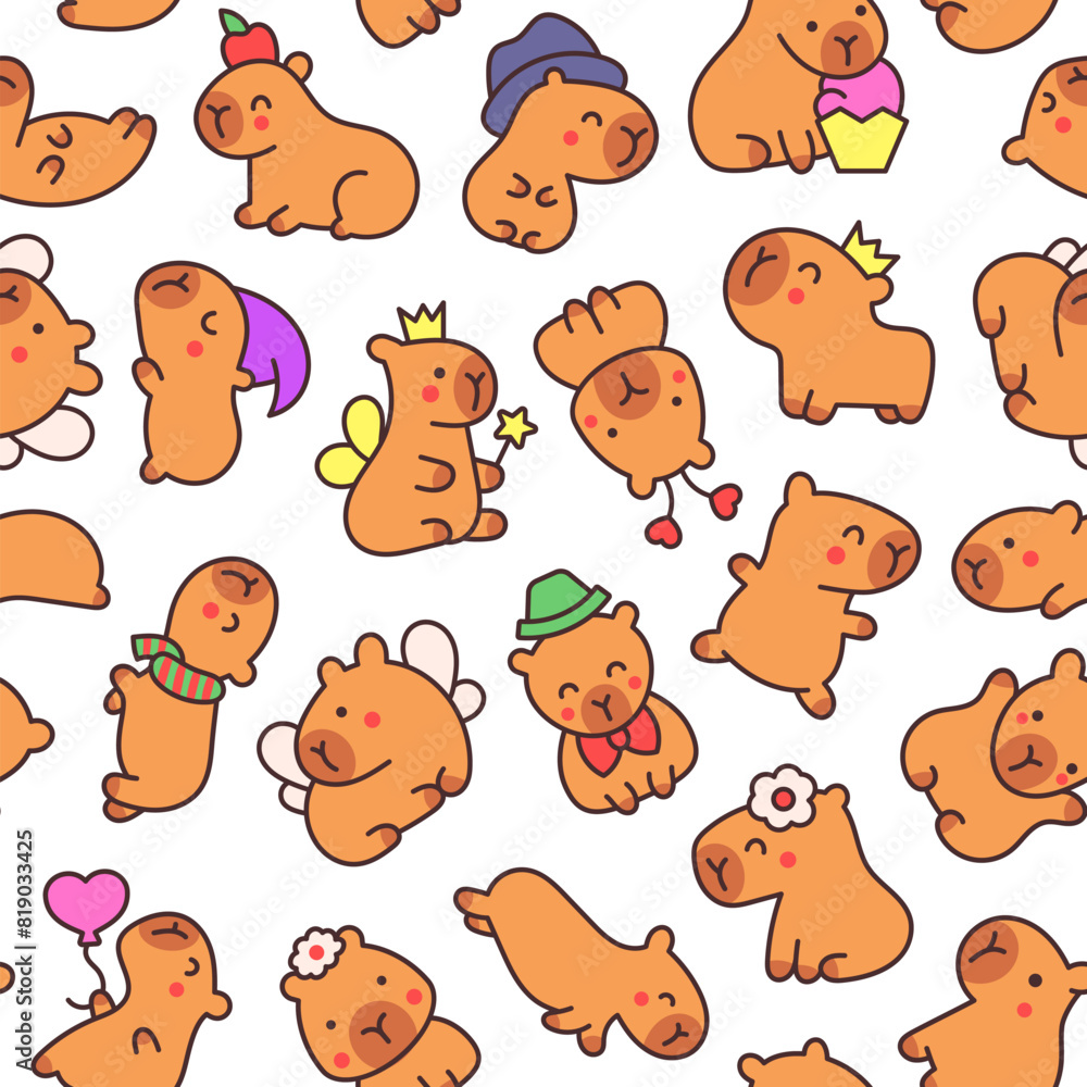 Obraz premium Kawaii happy capybara. Seamless pattern. Cute cartoon funny animals character. Hand drawn style. Vector drawing. Design ornaments.