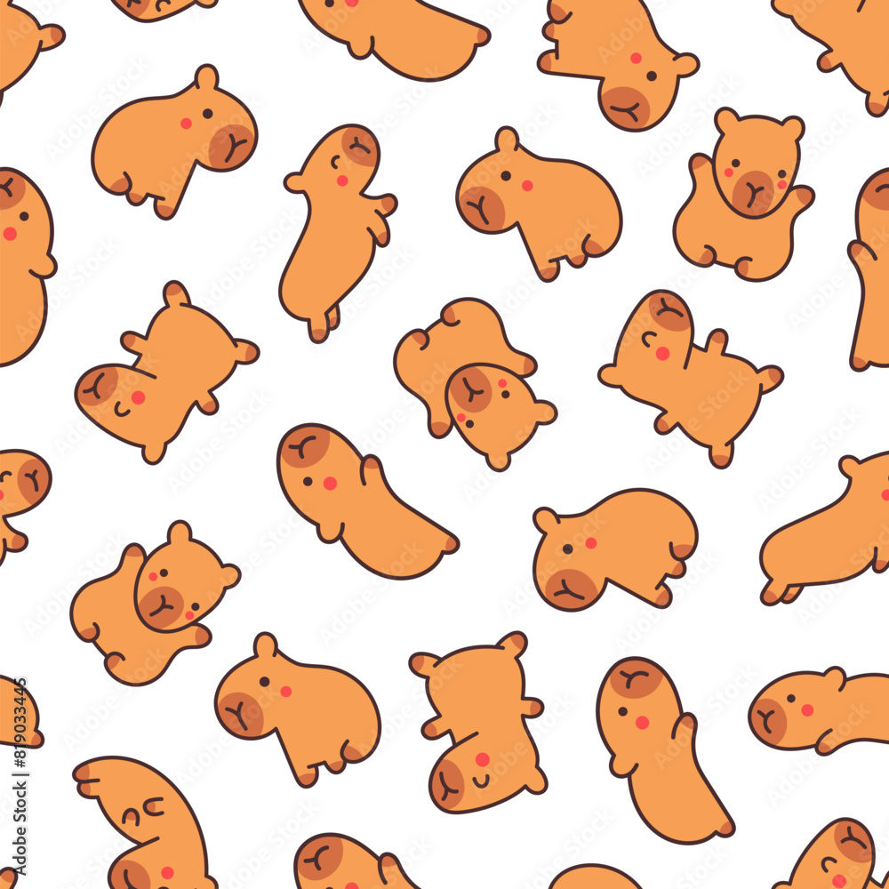Obraz premium Kawaii happy capybara. Seamless pattern. Cute cartoon funny animals character. Hand drawn style. Vector drawing. Design ornaments.