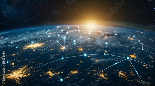 Global Connectivity: Earth with Glowing Connections Between Cities on Dark Blue Background