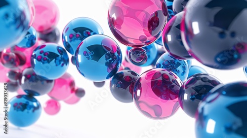 Render of realistic primitives in 3D on a white background. Abstract theme for trendy designs. Spheres  torus  tubes  cones in metallic blue and pink hues.