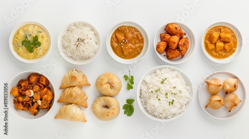 Top view collection of Indian foods isolated on a white background  including momos  butter chicken curry and rice  samosas  and pani puri