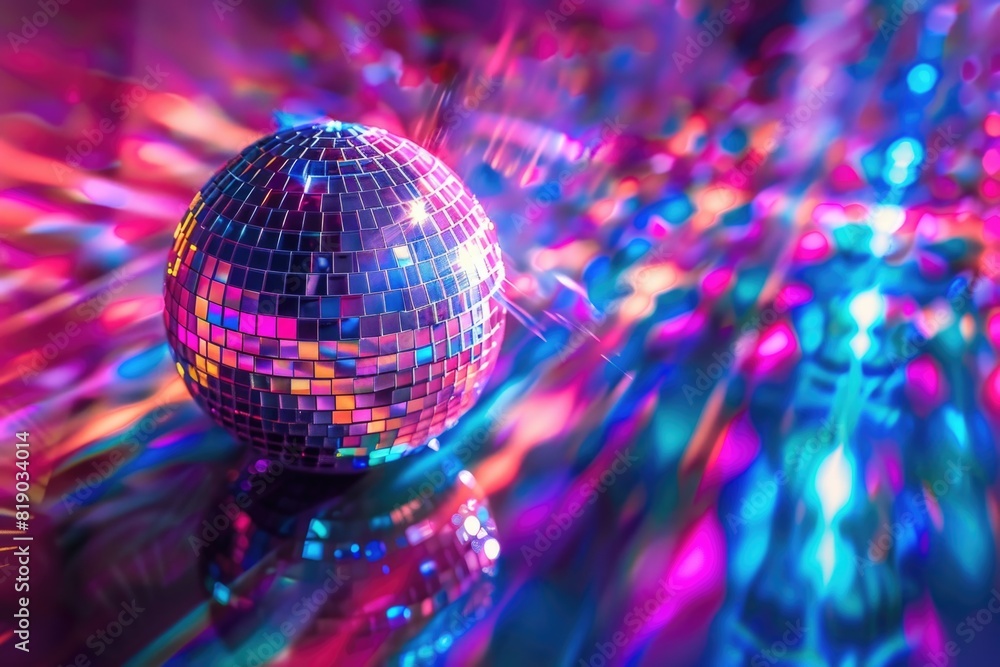 Obraz premium Colorful bright disco ball, unreal trippy rave party.