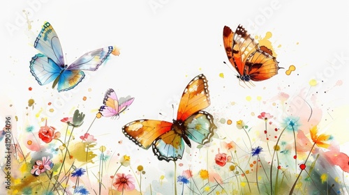 Colorful butterflies flying in a flowering meadow painted with watercolors