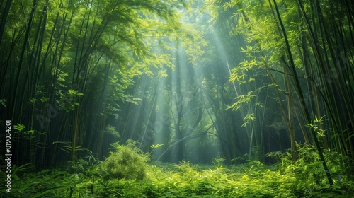 Lush Green Bamboo Forest with Sunlight Filtering Through, Peaceful Natural Retreat