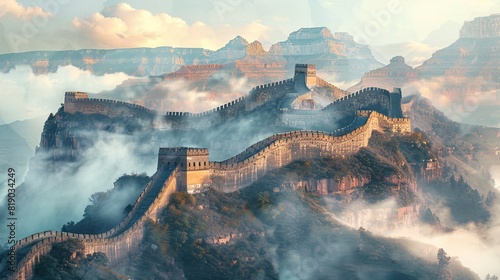 Double exposure: The Great Wall of China intertwined with the Grand Canyon, symbolizing the beauty of both natural and man-made wonders